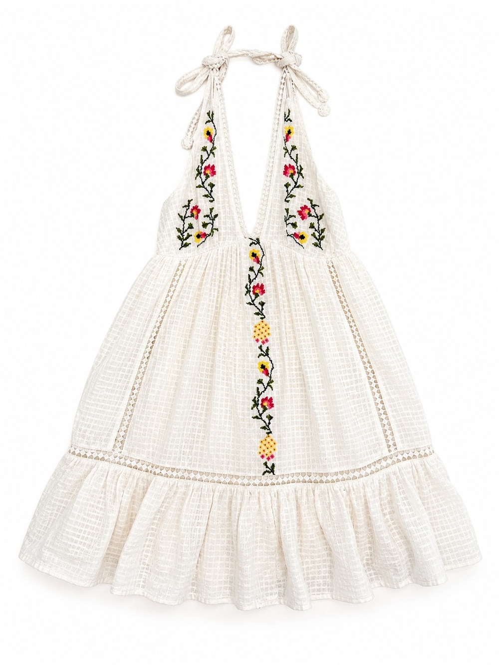 Anthropologie Cream Halter Mini Dress with Floral Embroidery